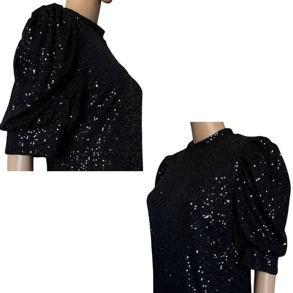 Joie Women's Sequin Puff Sleeve Back Zip Size Large Black Cocktail Evening Dress - Picture 8 of 11